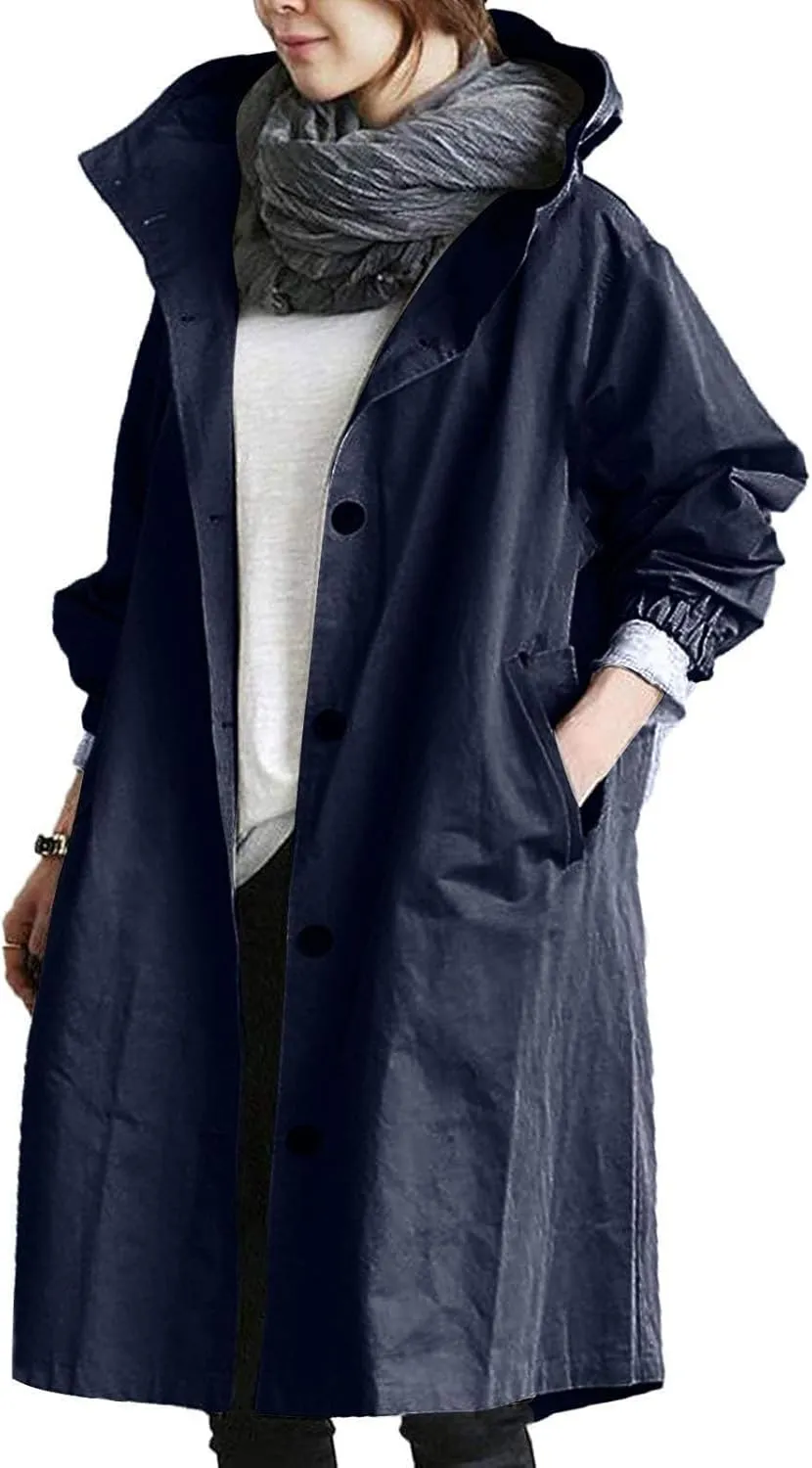Women's Mid Length Trench Coat, Lightweight Hooded Trench Coats, Women's Coat Lapel Button Down Pedcoat