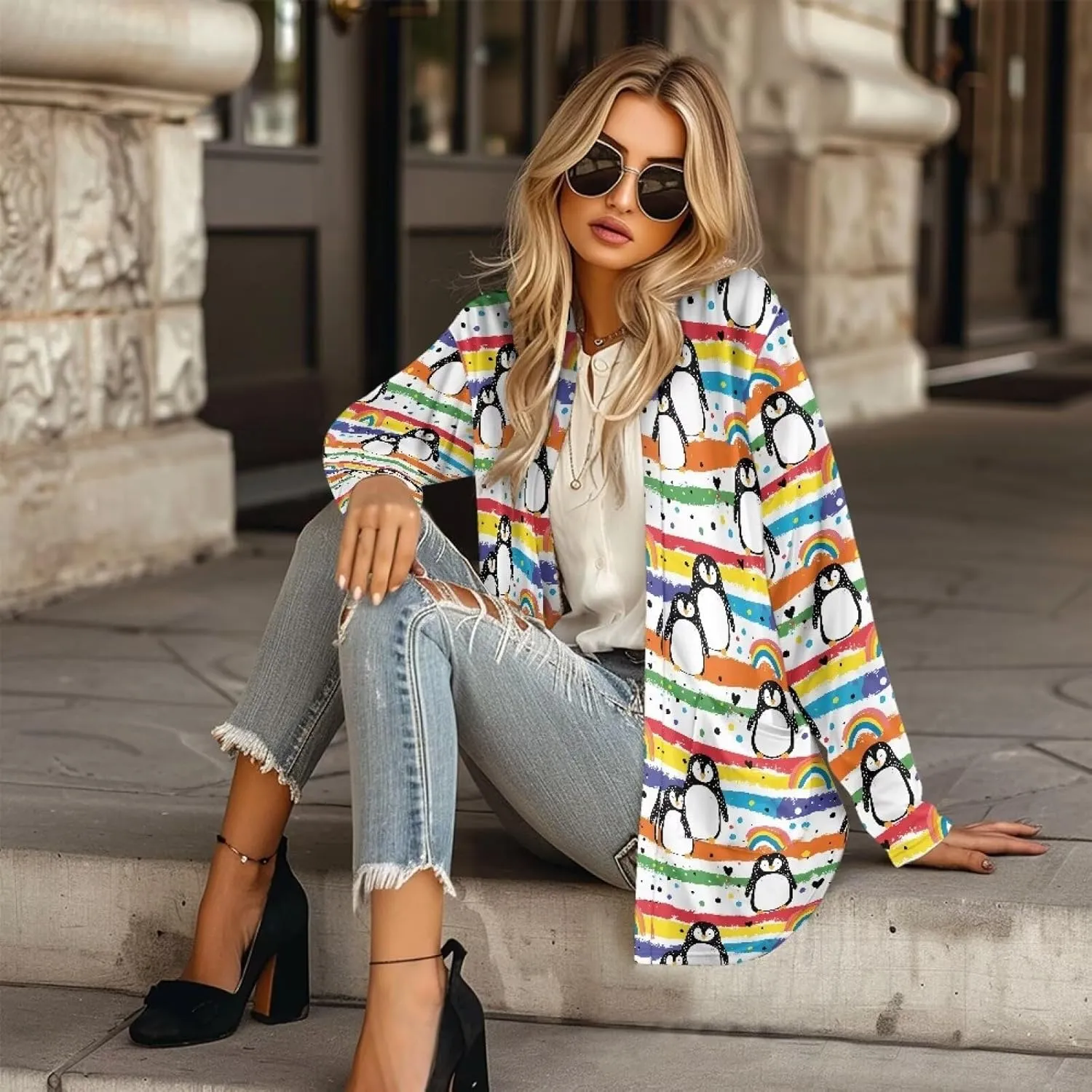 Womens Open Front Cardigan Long Sleeve Loose Cardigans Animal Print Sweater Lightweight Jacket Tops