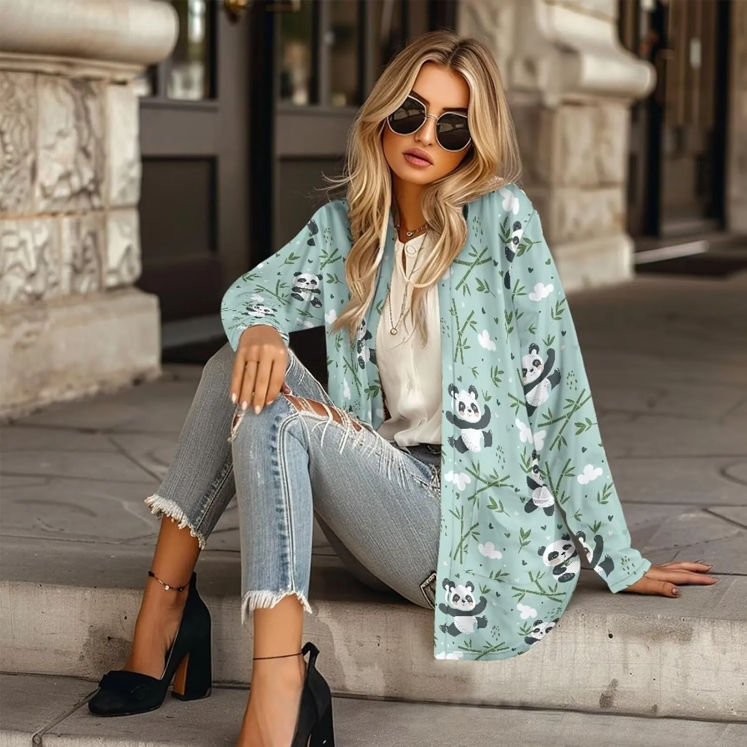 Womens Open Front Cardigan Long Sleeve Loose Cardigans Animal Print Sweater Lightweight Jacket Tops