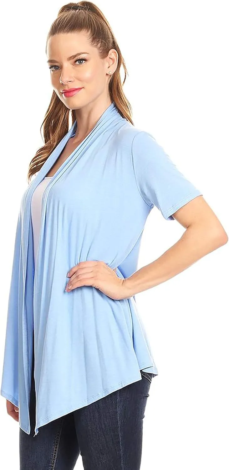 Women's Solid & Printed Short Sleeves Open Front Draped Cardigan/Made in USA