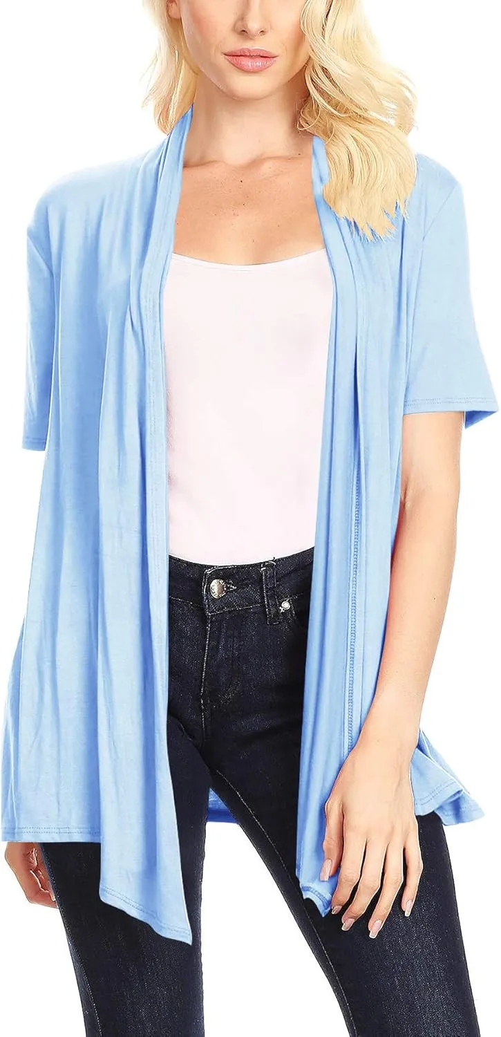 Women's Solid & Printed Short Sleeves Open Front Draped Cardigan/Made in USA