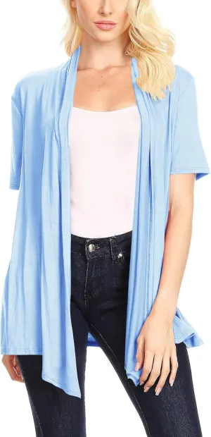Women's Solid & Printed Short Sleeves Open Front Draped Cardigan/Made in USA