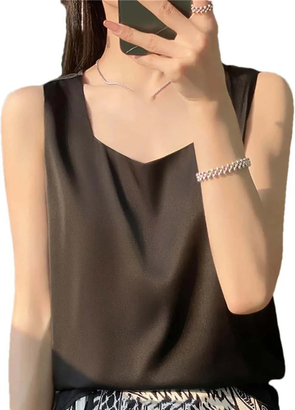 Women's Summer V-Neck Silk Vest Tank Tops Loose Sleeveless Thin Camisole Shirt