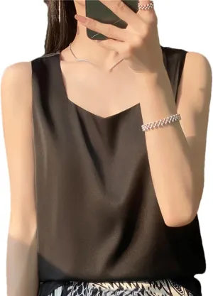 Women's Summer V-Neck Silk Vest Tank Tops Loose Sleeveless Thin Camisole Shirt