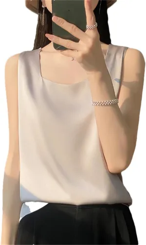Women's Summer V-Neck Silk Vest Tank Tops Loose Sleeveless Thin Camisole Shirt