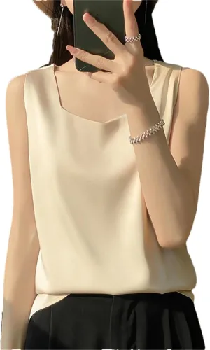 Women's Summer V-Neck Silk Vest Tank Tops Loose Sleeveless Thin Camisole Shirt