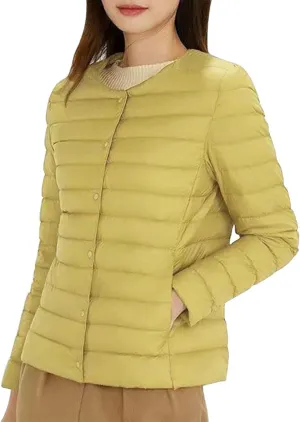 Women's Thin Down Jacket Classic Crewneck Puffer Solid Color Slim Fitting Coat 2023 Fall Winter Casual Comfy Thermal Outwear