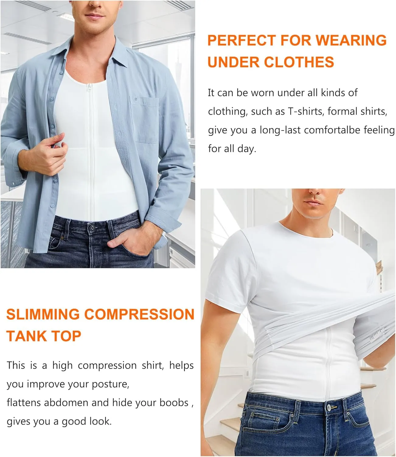 Wonderience Compression Shirts for Men Undershirts Slimming Body Shaper Waist Trainer Tank Top Vest with Zipper