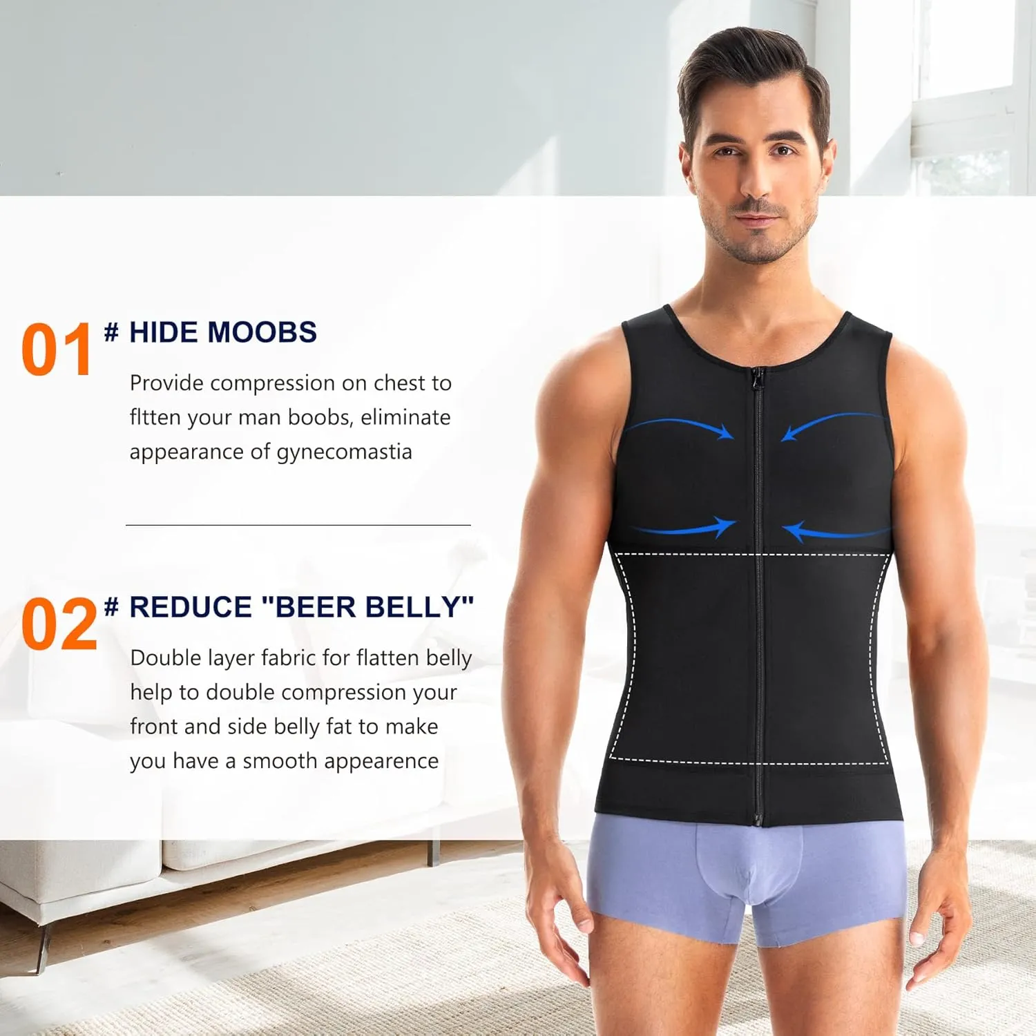 Wonderience Compression Shirts for Men Undershirts Slimming Body Shaper Waist Trainer Tank Top Vest with Zipper