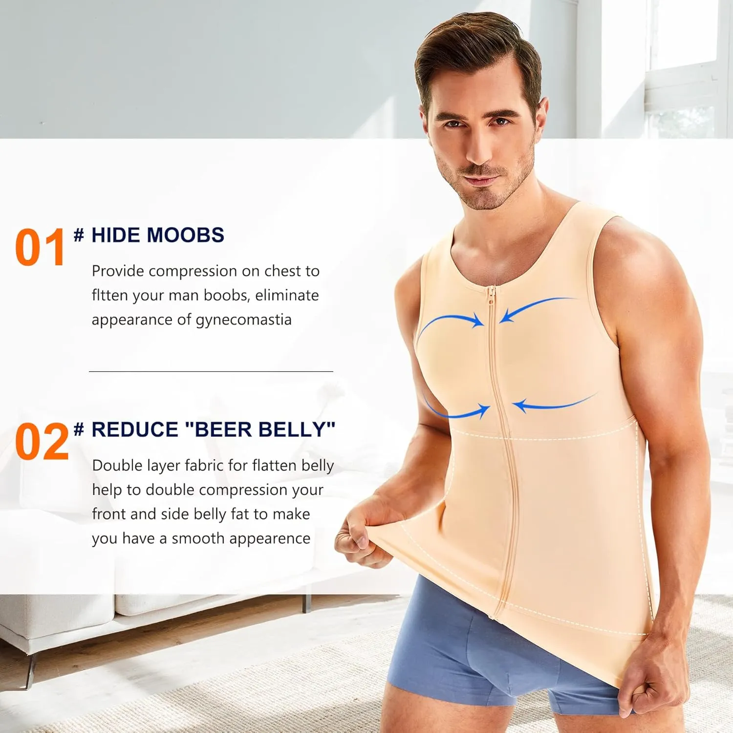 Wonderience Compression Shirts for Men Undershirts Slimming Body Shaper Waist Trainer Tank Top Vest with Zipper