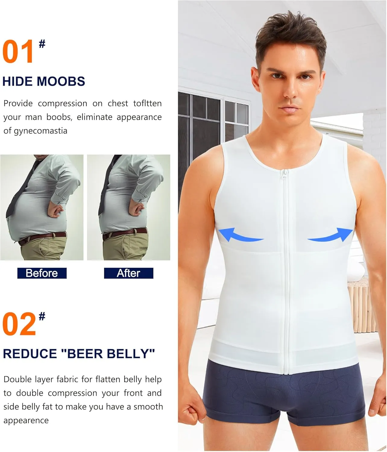 Wonderience Compression Shirts for Men Undershirts Slimming Body Shaper Waist Trainer Tank Top Vest with Zipper