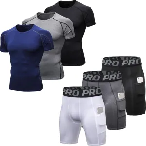 YUSHOW 3 Pack Mens Compression Shorts with Pocket & 3 Pack Mens Compression Shirts Quick Dry, Large