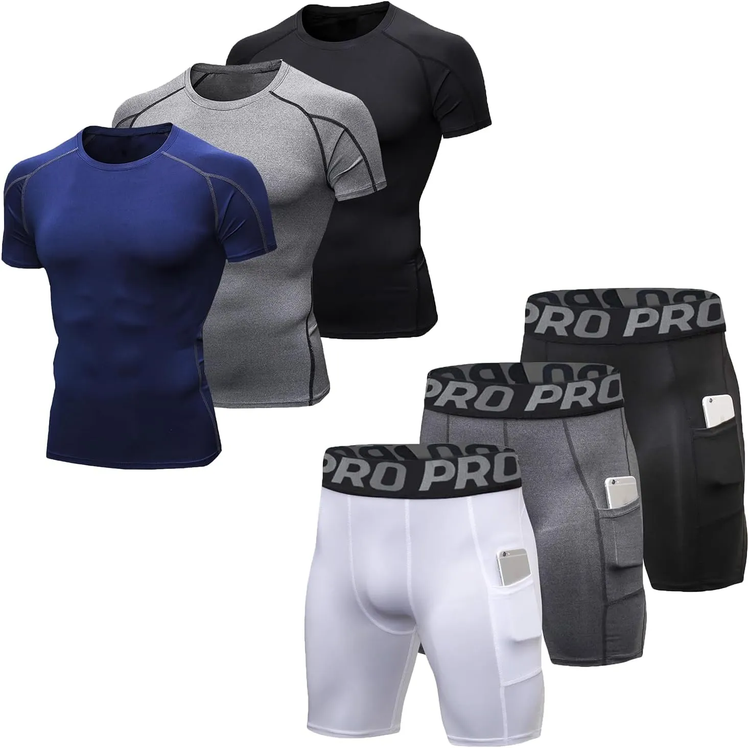 YUSHOW 3 Pack Mens Compression Shorts with Pocket & 3 Pack Mens Compression Shirts Quick Dry, Large