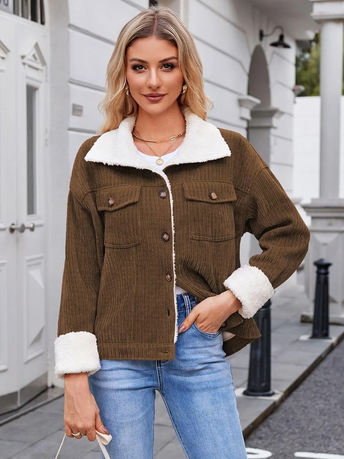 ZAFUL 2024 Womens Sherpa Fleece Jacket Button Down Corduroy Shacket Casual Winter Warm Coat With Pockets