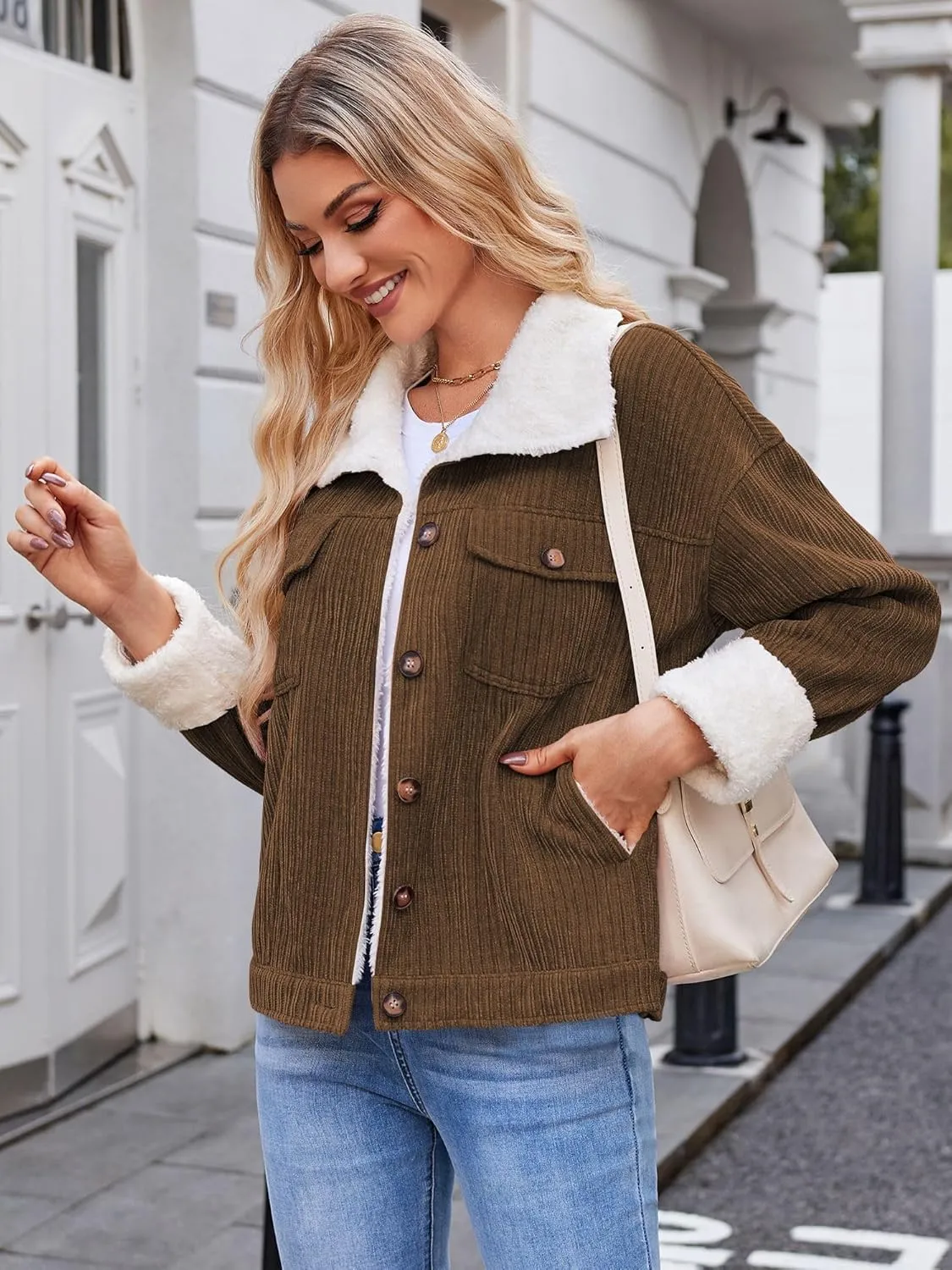 ZAFUL 2024 Womens Sherpa Fleece Jacket Button Down Corduroy Shacket Casual Winter Warm Coat With Pockets