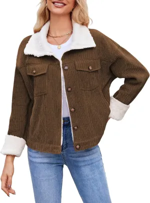 ZAFUL 2024 Womens Sherpa Fleece Jacket Button Down Corduroy Shacket Casual Winter Warm Coat With Pockets