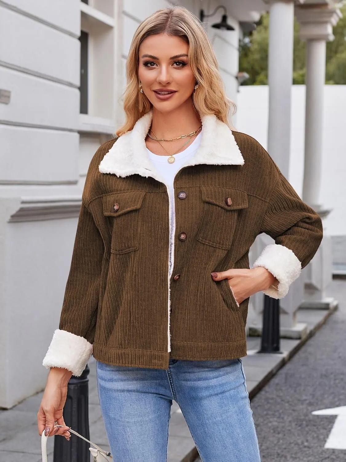 ZAFUL 2024 Womens Sherpa Fleece Jacket Button Down Corduroy Shacket Casual Winter Warm Coat With Pockets